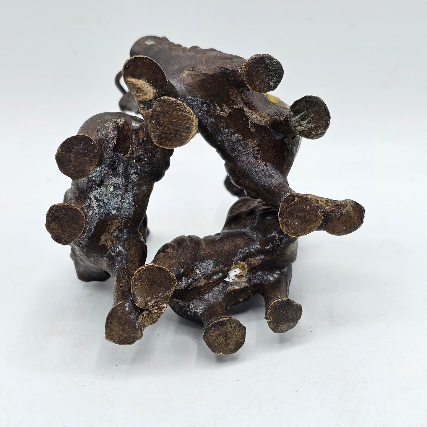 Vintage Bronze Trio Circle of Elephants Pedestal Stand for Crystal Ball, Paperweight or Plant