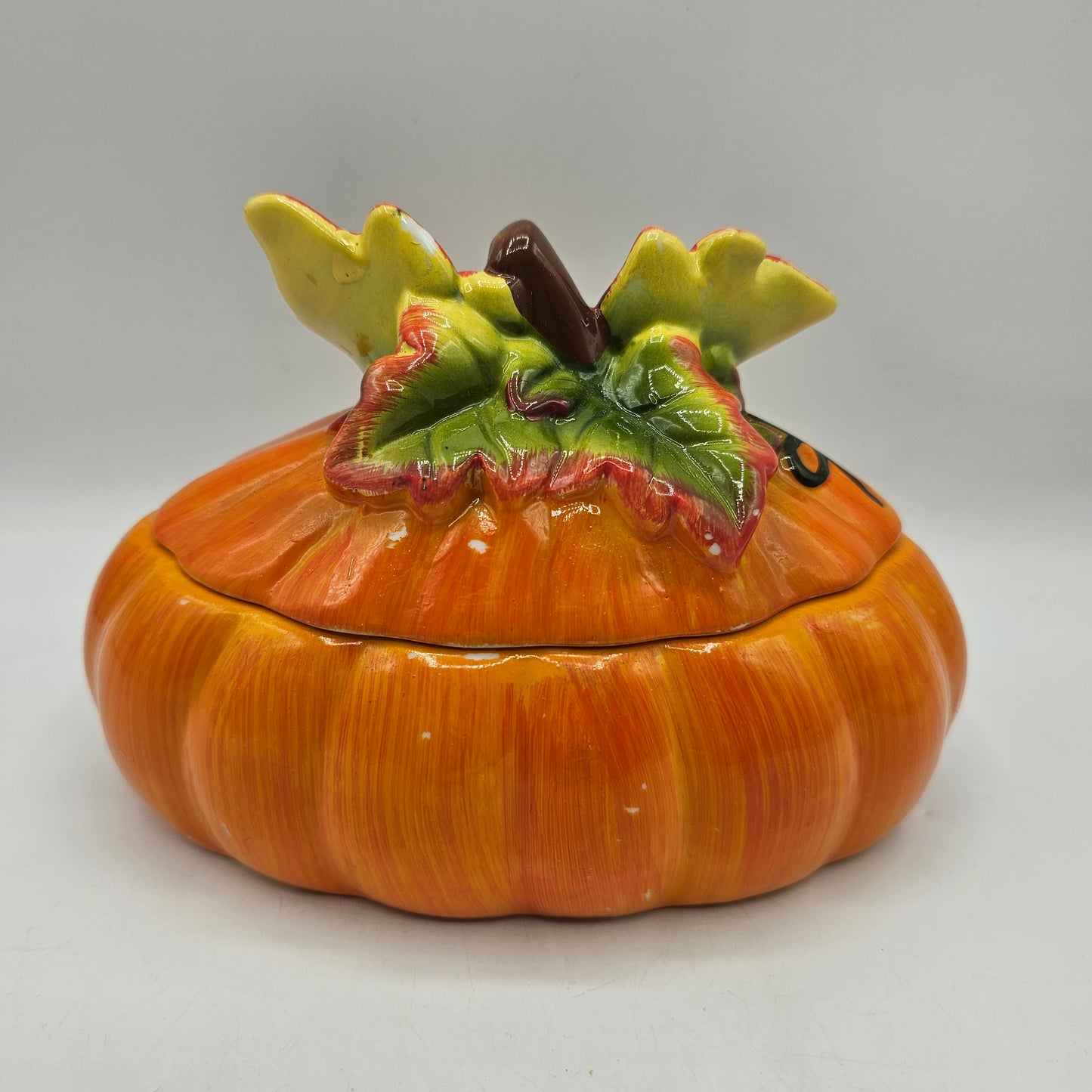 Vintage Hand Painted Ceramic Pumpkin Jack O Lantern Trinket Box