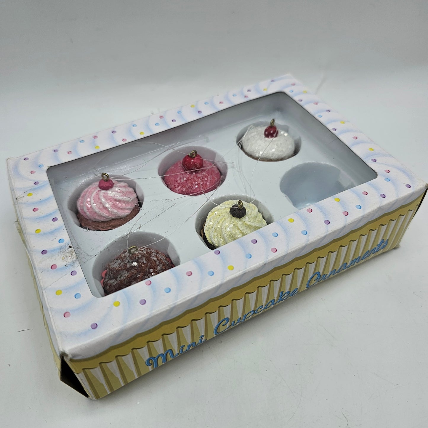 Miniature Frosted Cupcake Christmas Tree Ornaments - Resin - Set of 5