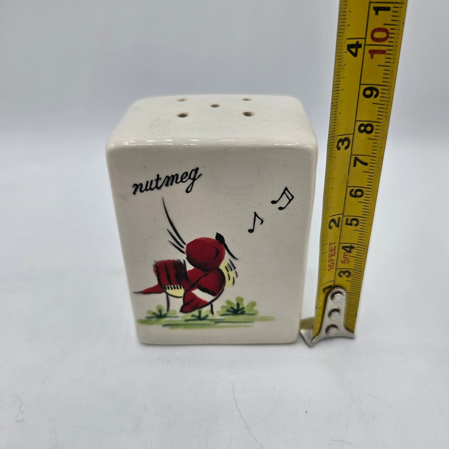 Vintage Ceramic Nutmeg Shaker with Red Song Bird and Natural Crazing