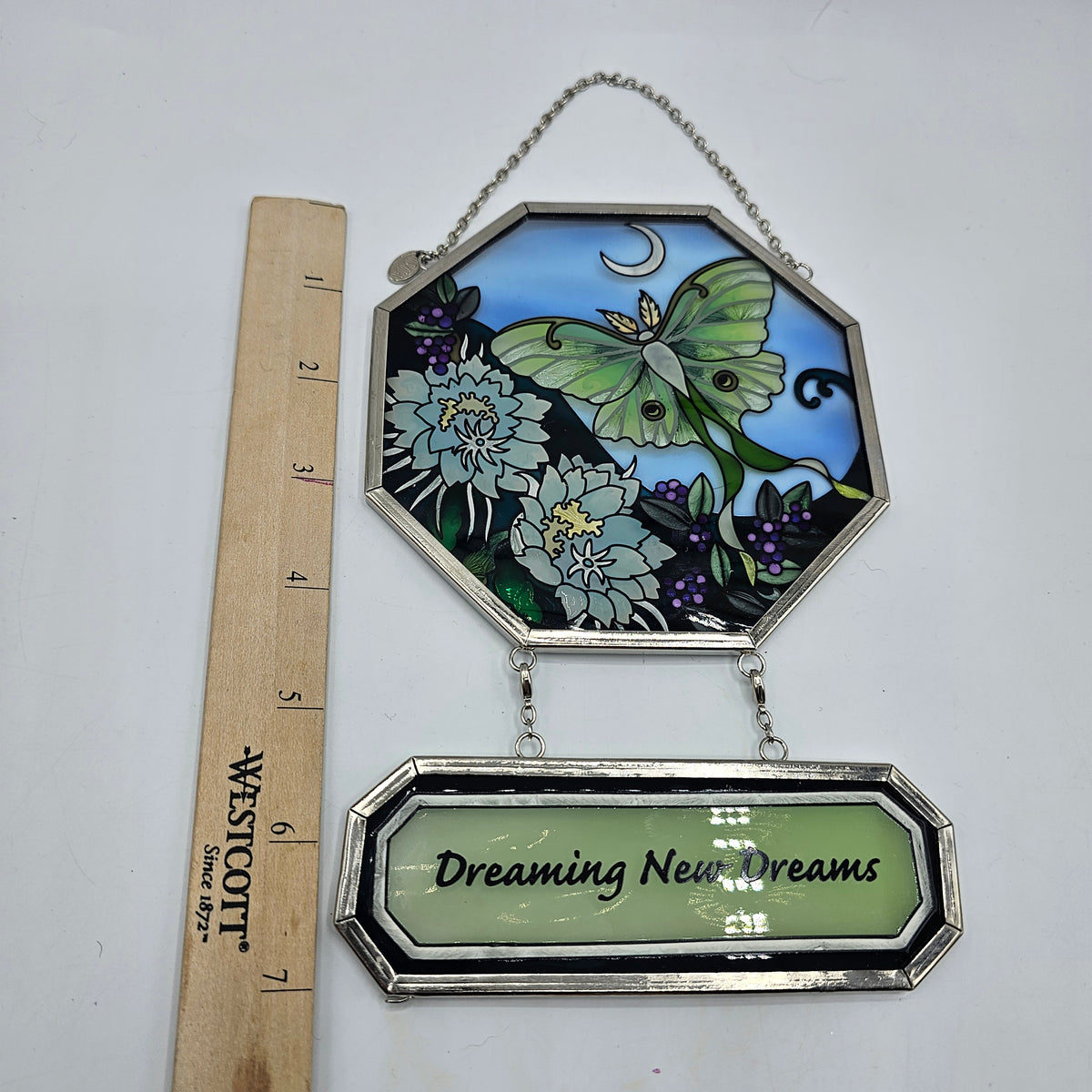 Amia Handpainted Glass Lunar Moth Suncatcher with Chain for Hanging