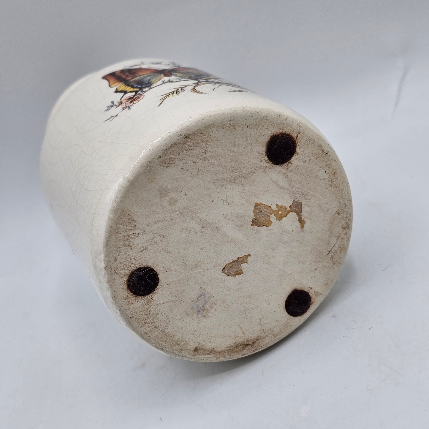 Vintage Crazed Ceramic Bulb Forcer with Transferware Butterfly