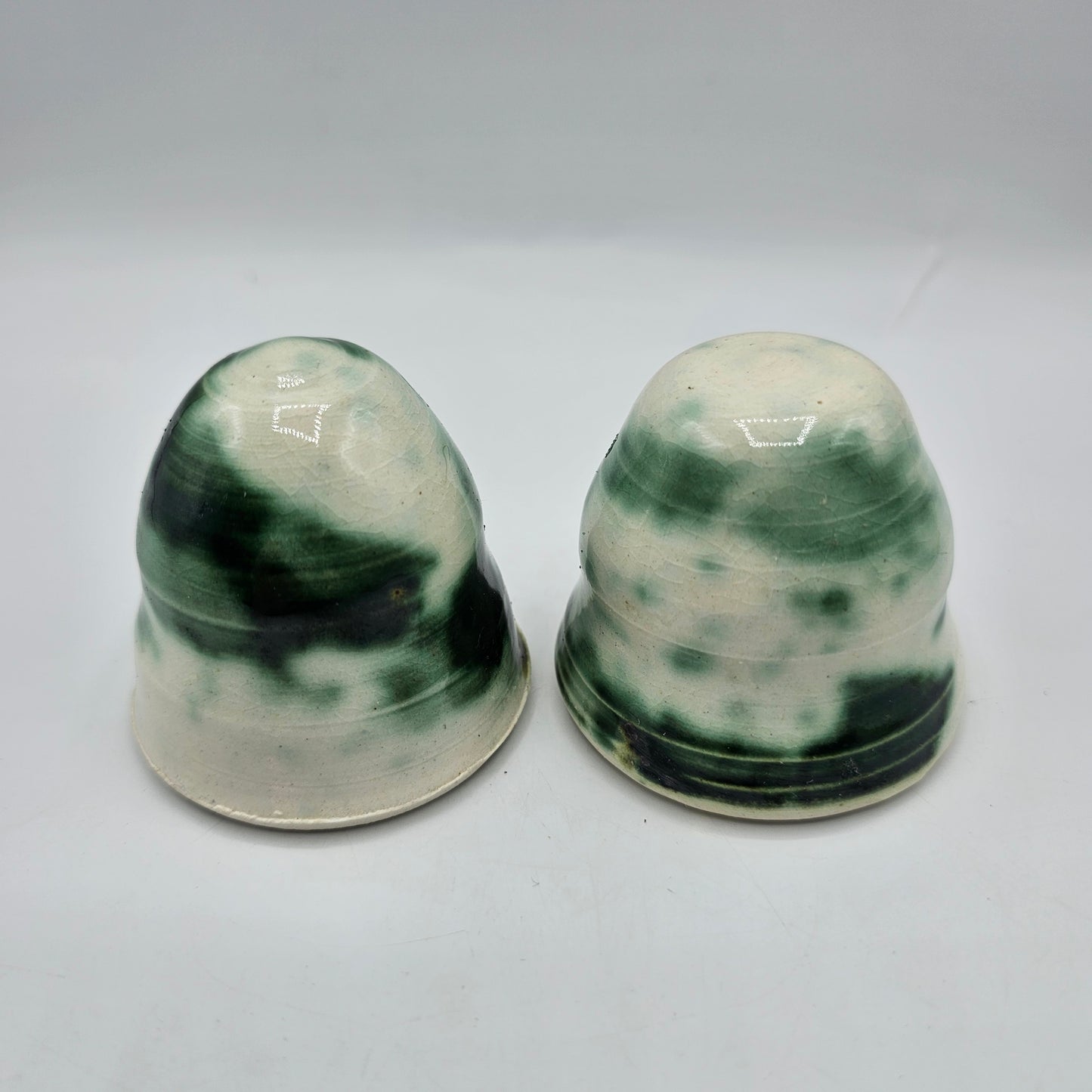 Artisan Pottery Funnel Style "Holeless" Salt and Pepper Shaker Set - White and Green Swirl