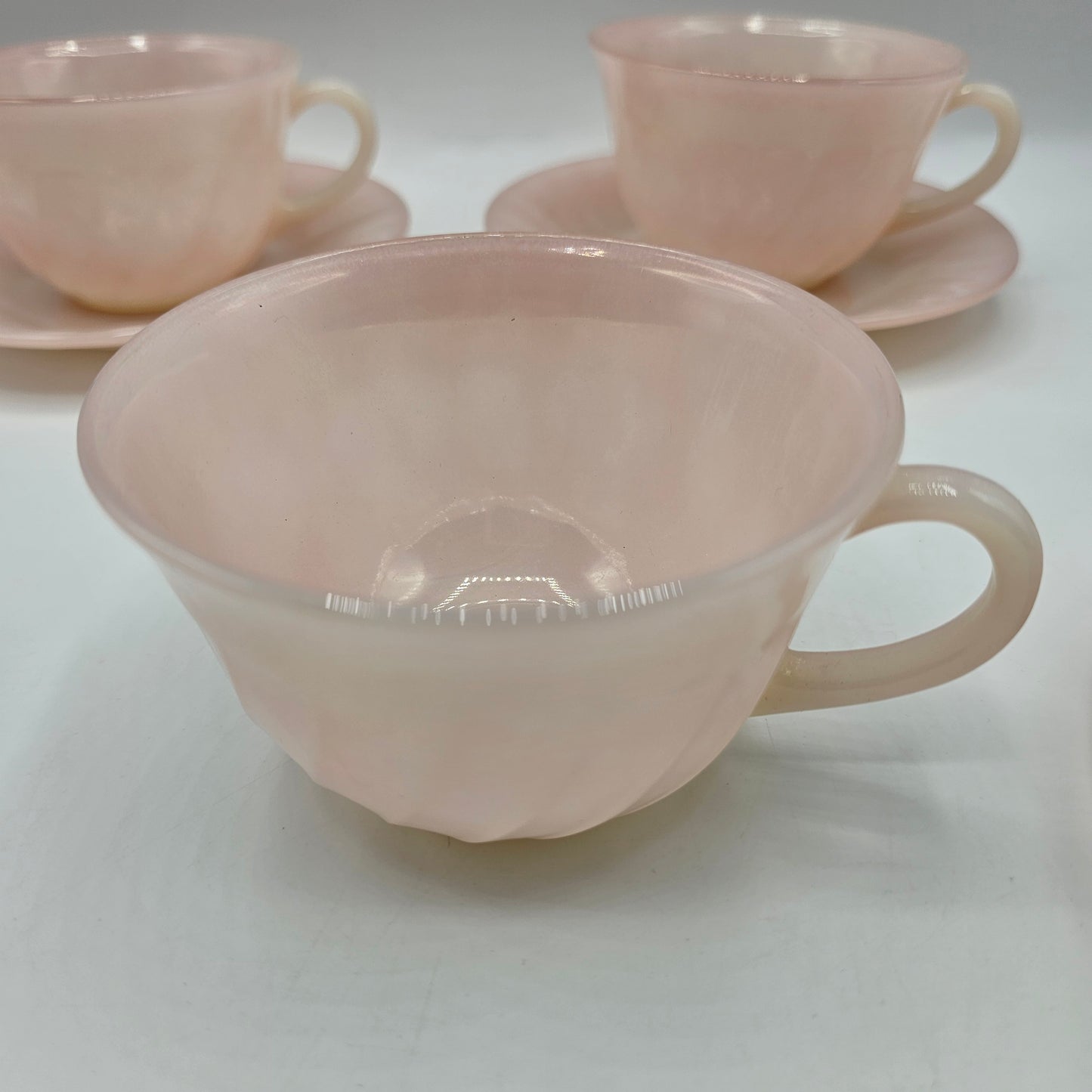 Fireking Pink Optic Swirl Glass Cups and Saucers - 3 Sets + Saucer