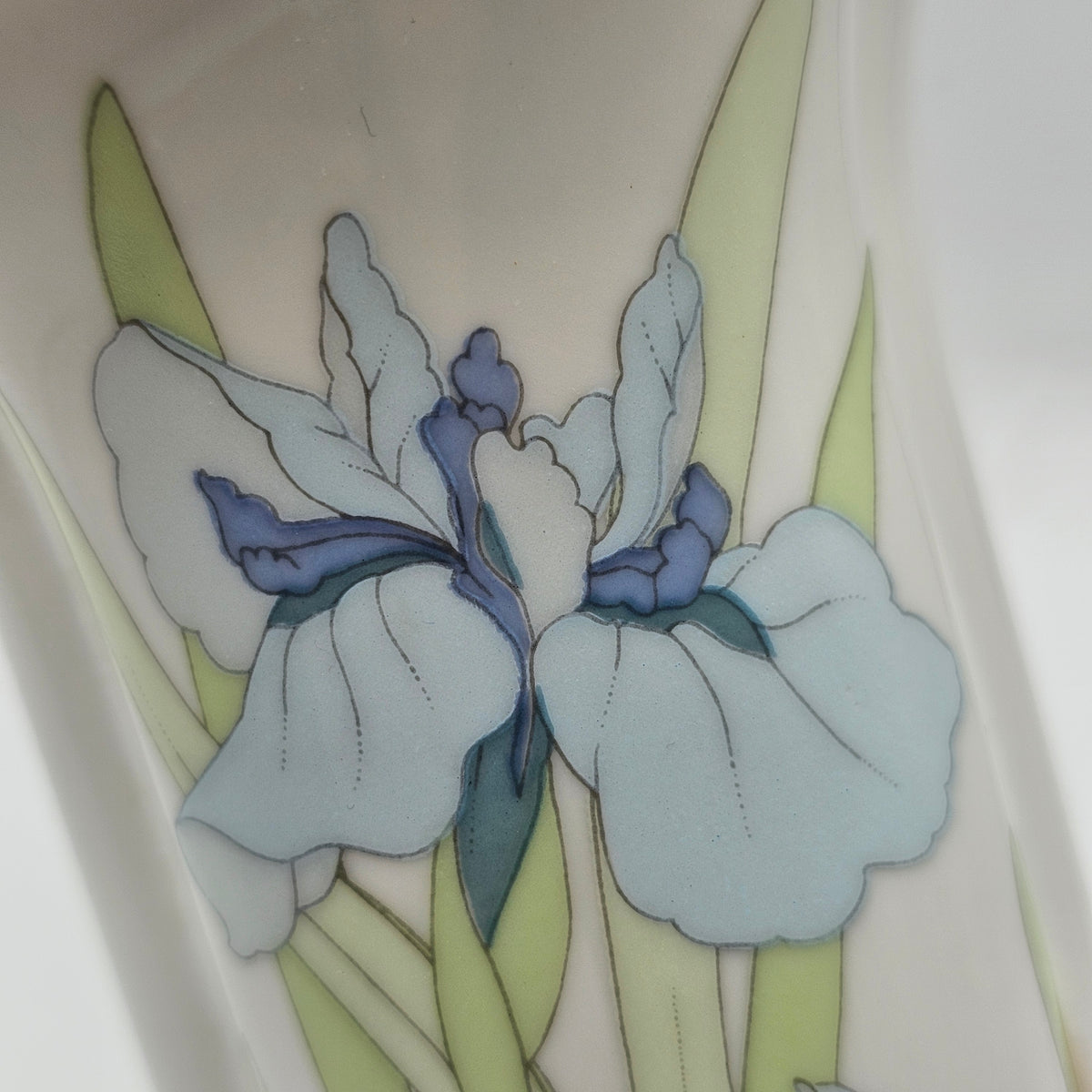 Vintage Porcelain Bud Vase with Blue Iris Flowers by Fuji of Japan (wear to gold as noted)
