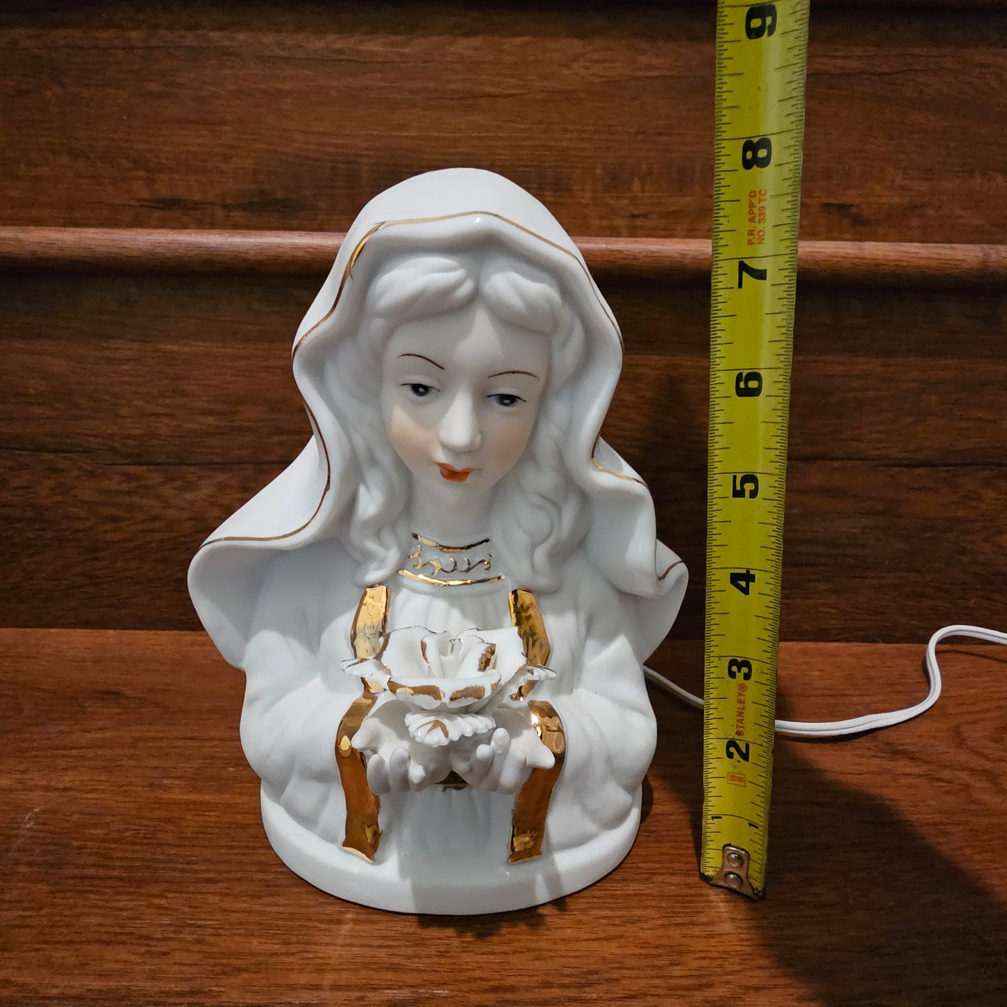 White Bisque Ceramic Virgin Mary Electric Plug In Night Light with Gold Accent Trim