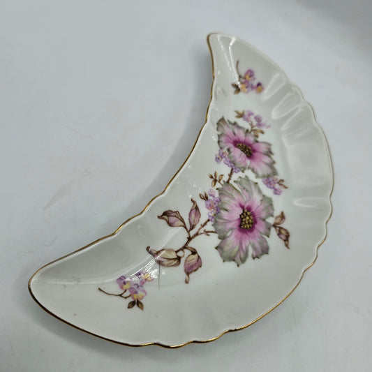 Vintage Mitterteich Bavaria Germany Crescent Fish Bone Dish with Gold Rim and Pink Dogwood Design