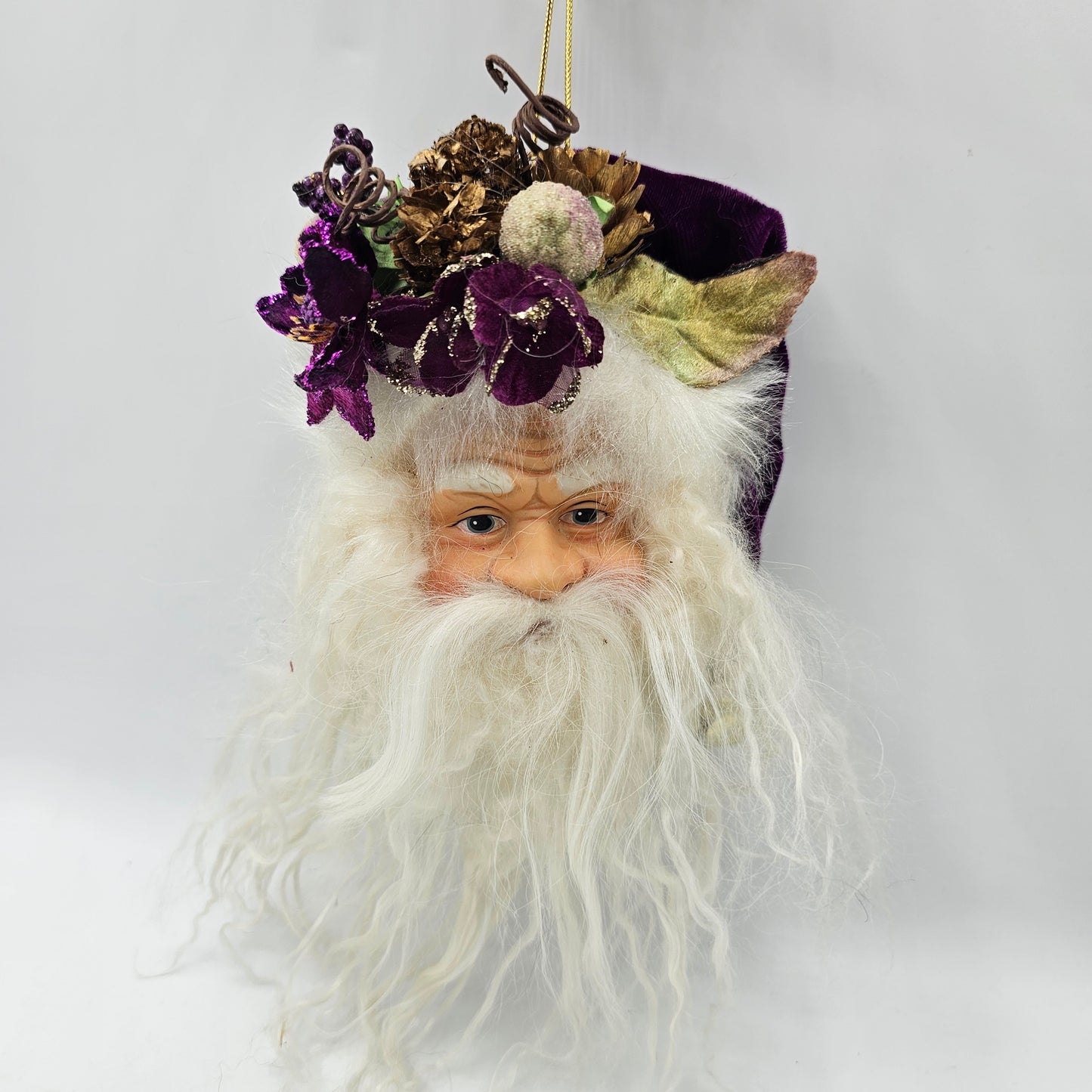 Woodland Santa Head Christmas Tree Ornament with Flowers and Jingle Bell