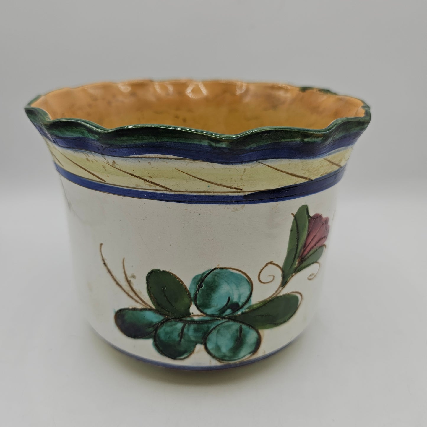 Italian Hand Painted Majolica Style Ceramic Floral Planter with Sgraffito Detail
