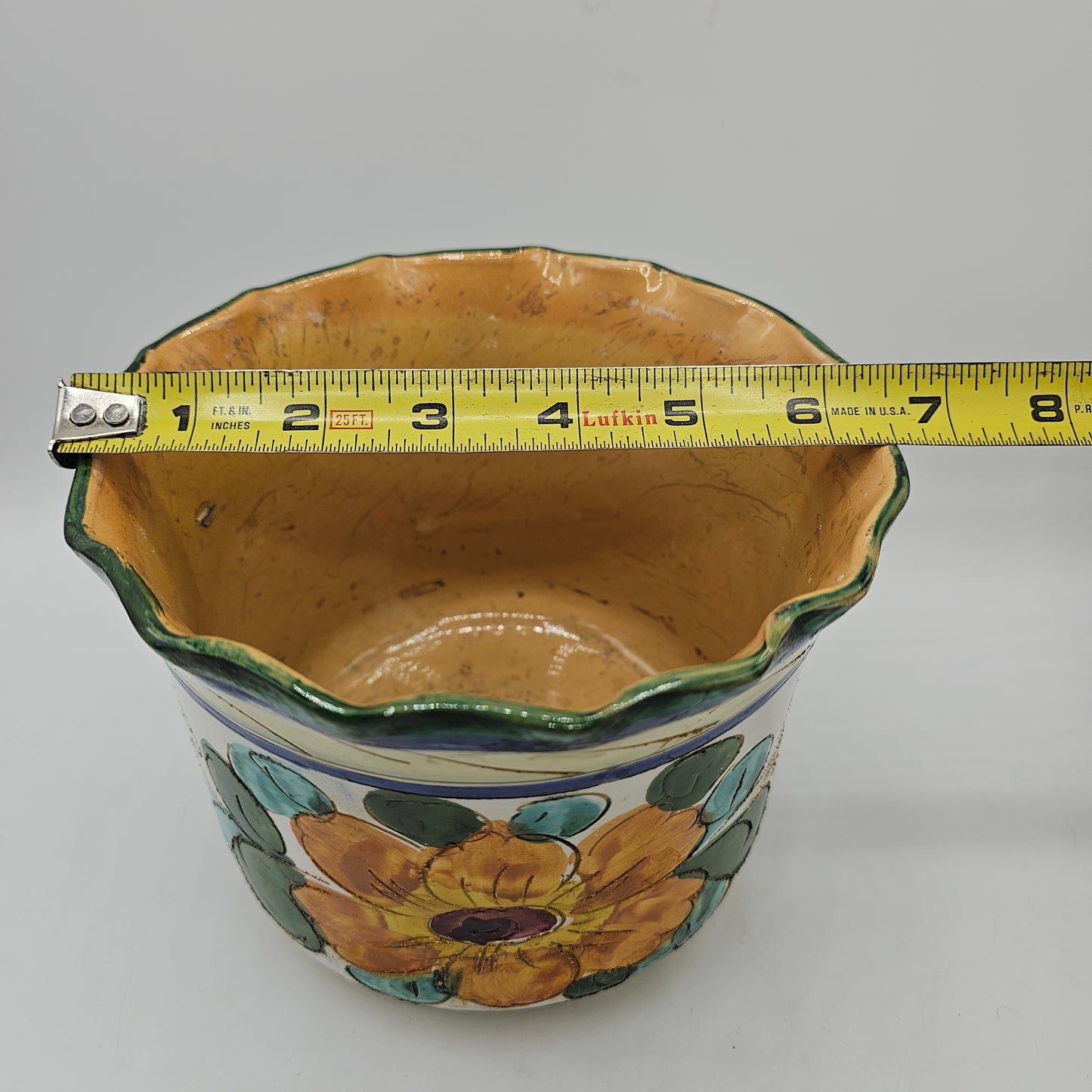 Italian Hand Painted Majolica Style Ceramic Floral Planter with Sgraffito Detail