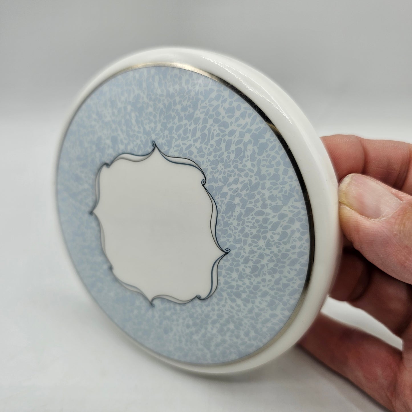 Wedgewood Venice Bone China Round Trinket Box in Pale Blue with Silver Scrolls
