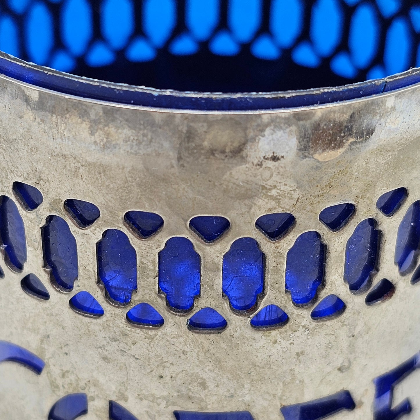Vintage Silver Plated Lidded Pierced Coffee Canister with Cobalt Blue Plastic Insert and Silver Plated Spoon by Leonard Made in England