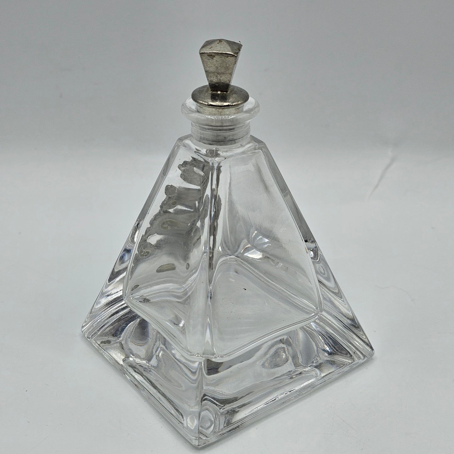 Vintage Glass Pyramid Perfume Bottle with Applied Pewter Flowers