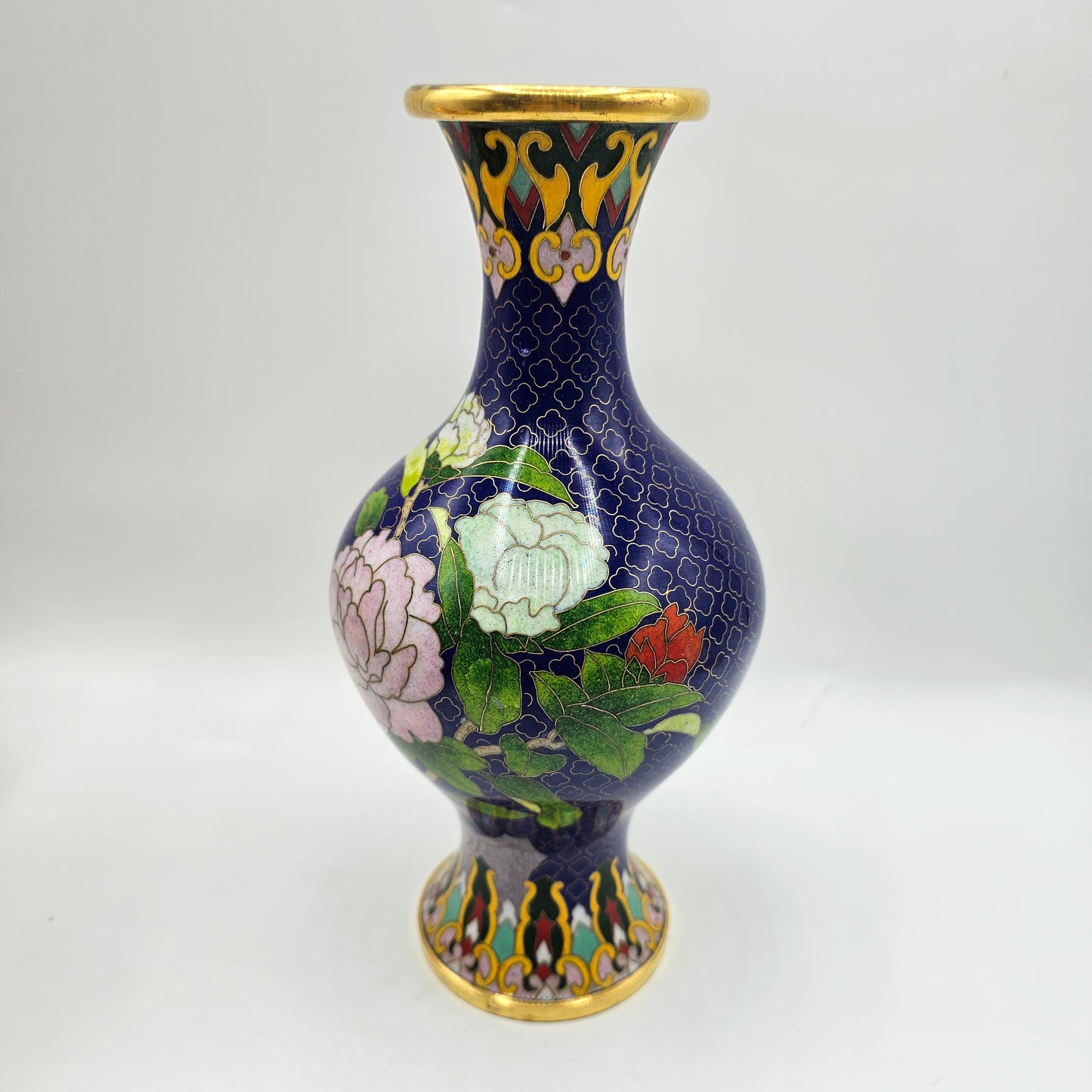 Cloisonne Enamel on Brass Vase with Blue Base