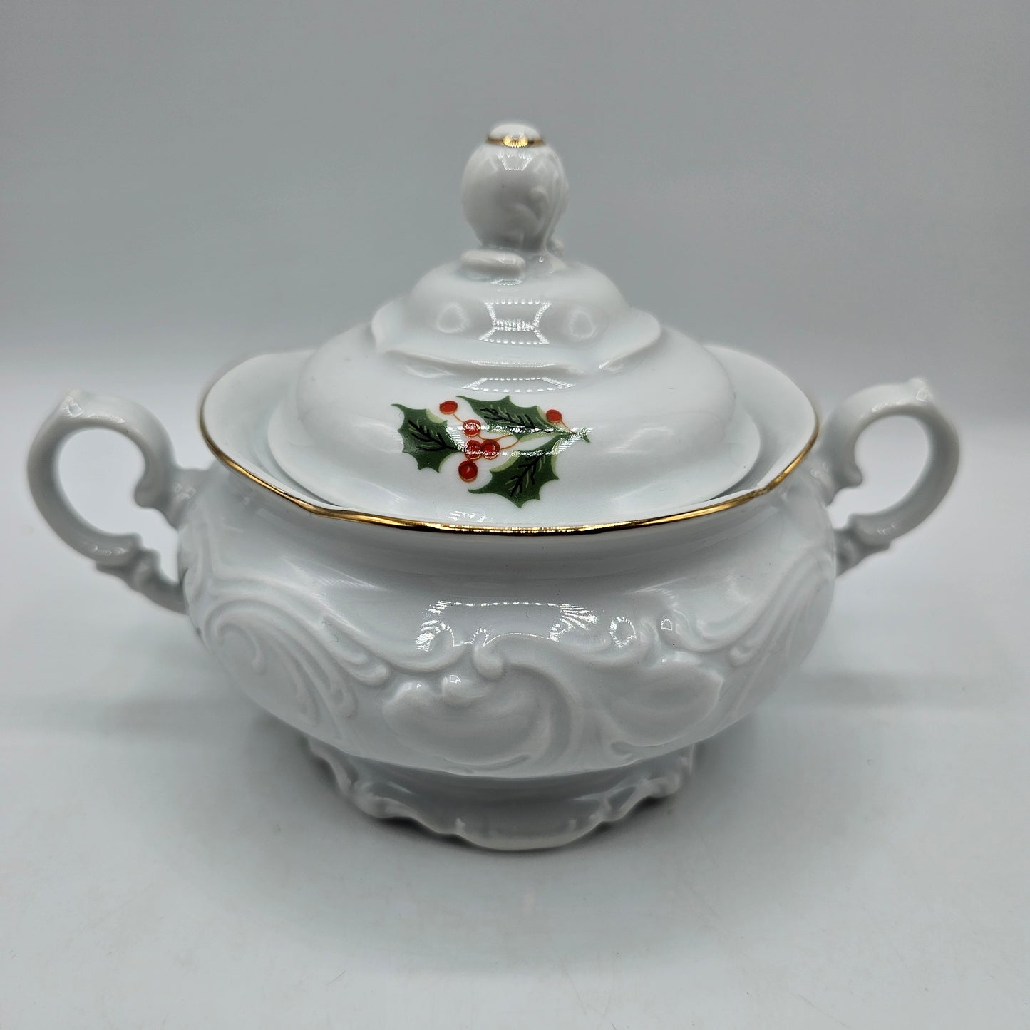 Vintage Wawel of Poland Covered Sugar Bowl with Holly Berry Design and Handles