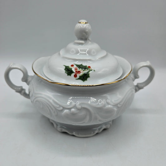 Vintage Wawel of Poland Covered Sugar Bowl with Holly Berry Design and Handles