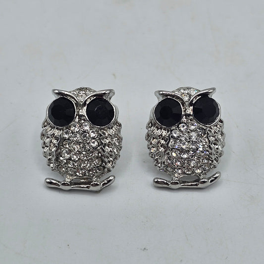 Owl Pierced Earrings - Silver Tone with Black Onyx Eyes and Clear Crystals