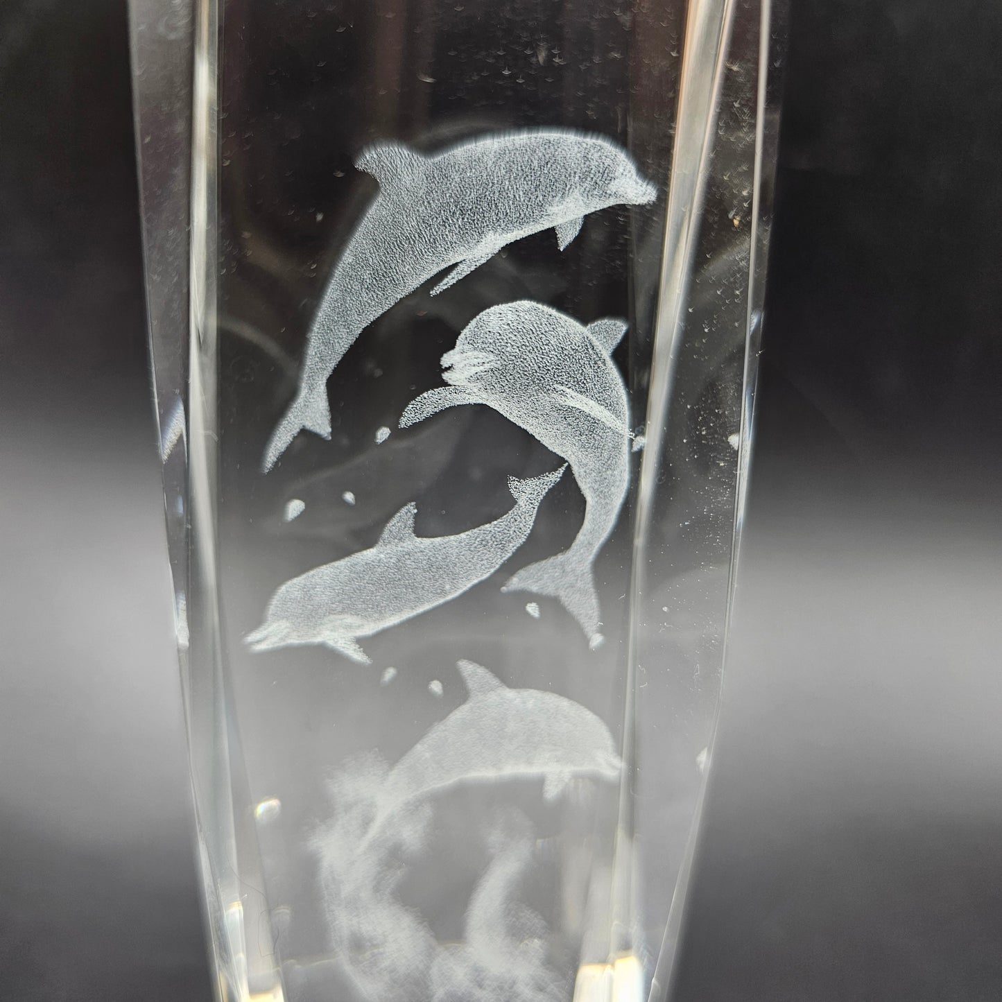 3D Laser Etched Crystal Leaping Dolphins Cube Paperweight