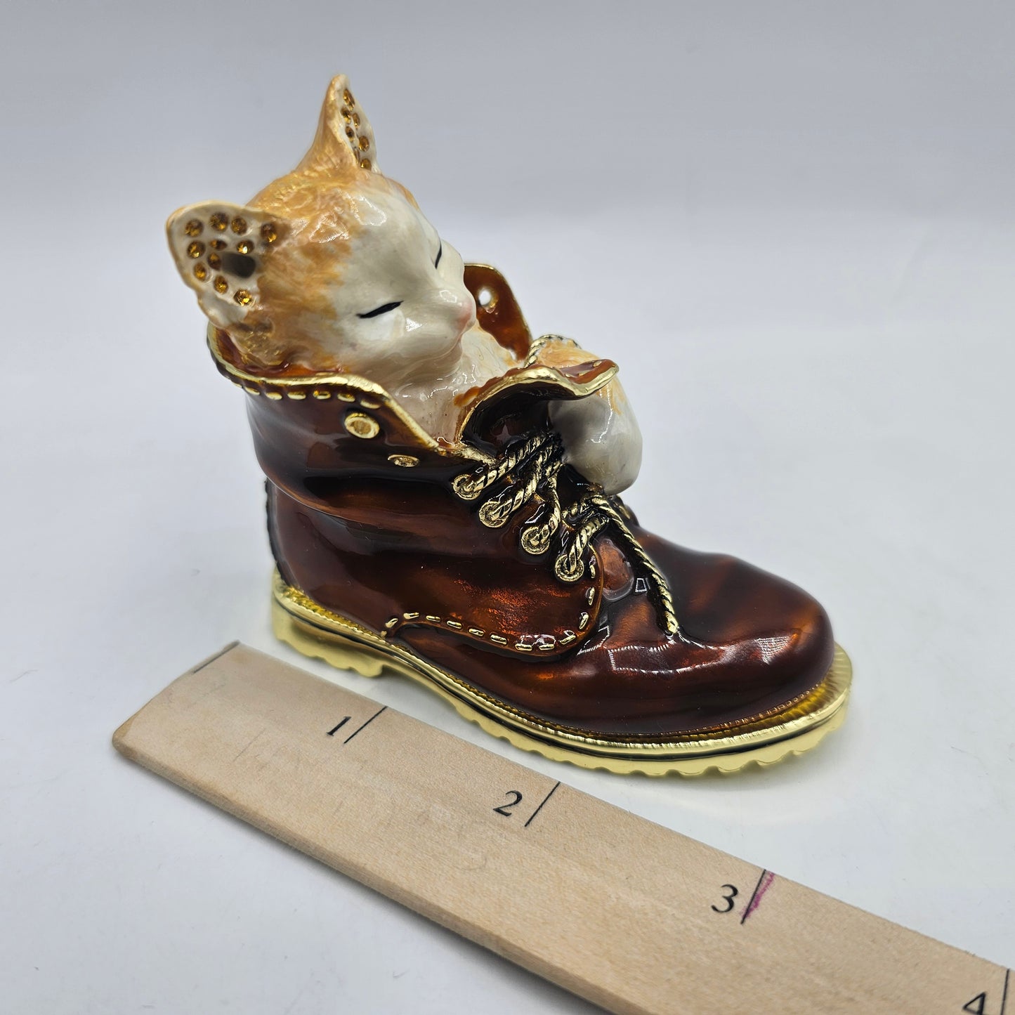 Sleepy Cat in Brown Boot Hinged Trinket Box by Keren Kopal, Limited Edition in Original Box