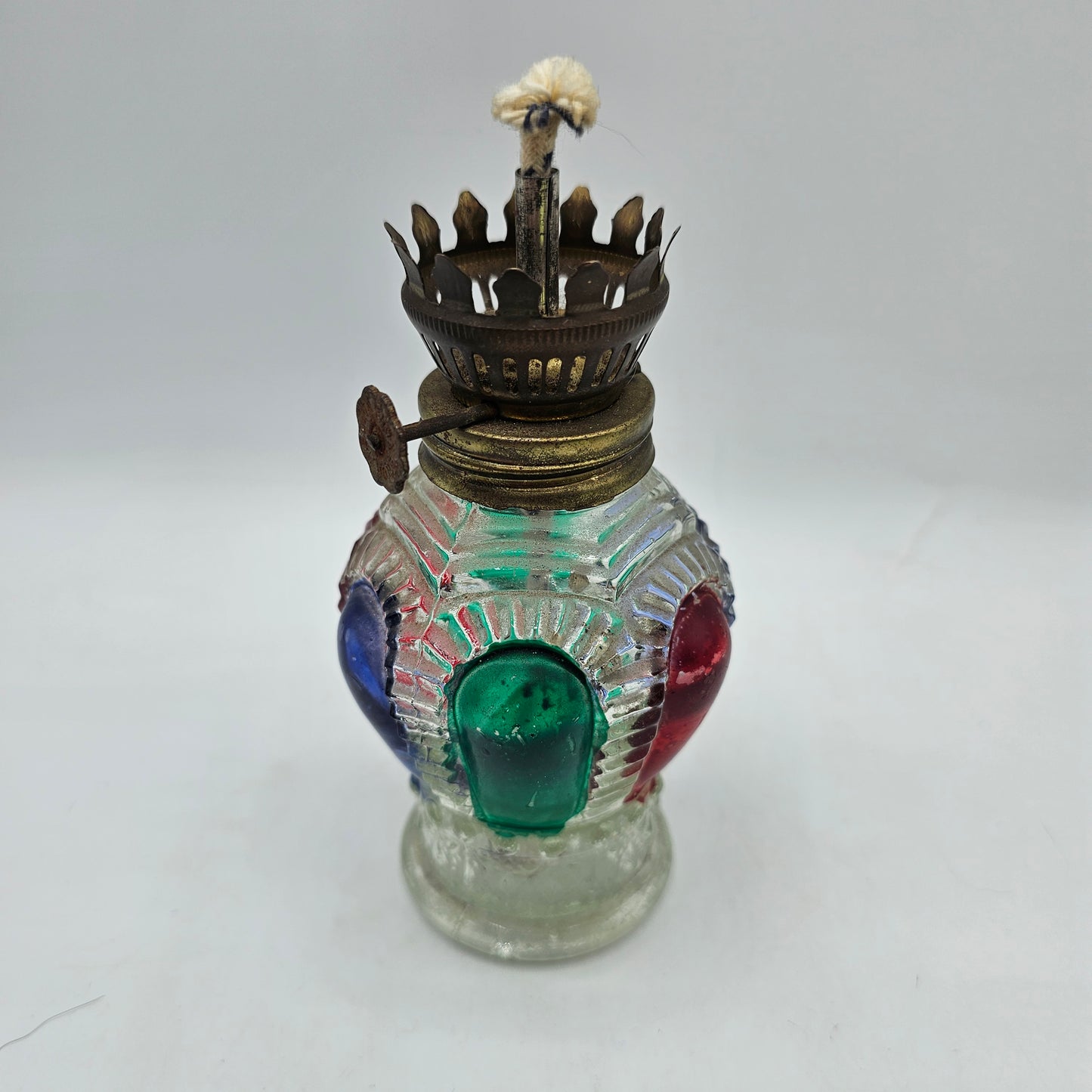 Vintage Small Painted Panel Glass Hurricane Oil Lamp with Wick