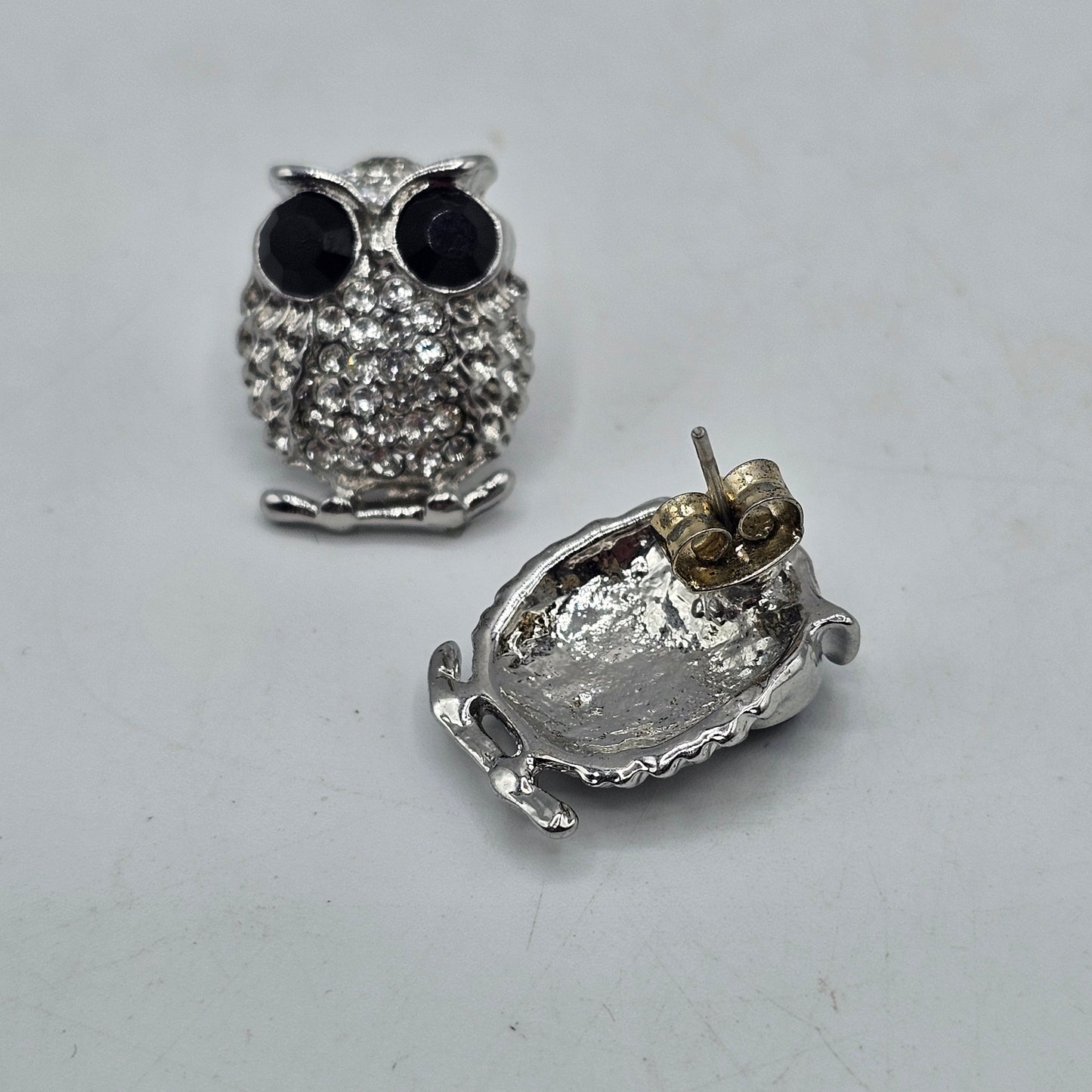 Owl Pierced Earrings - Silver Tone with Black Onyx Eyes and Clear Crystals