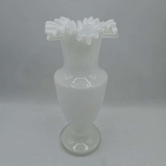 Vintage White Glass Ruffle Vase