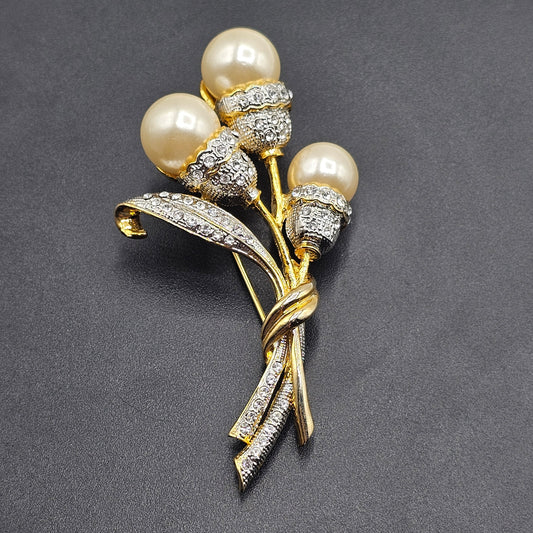 Floral Gold Tone Brooch with Crystals and Faux Pearls