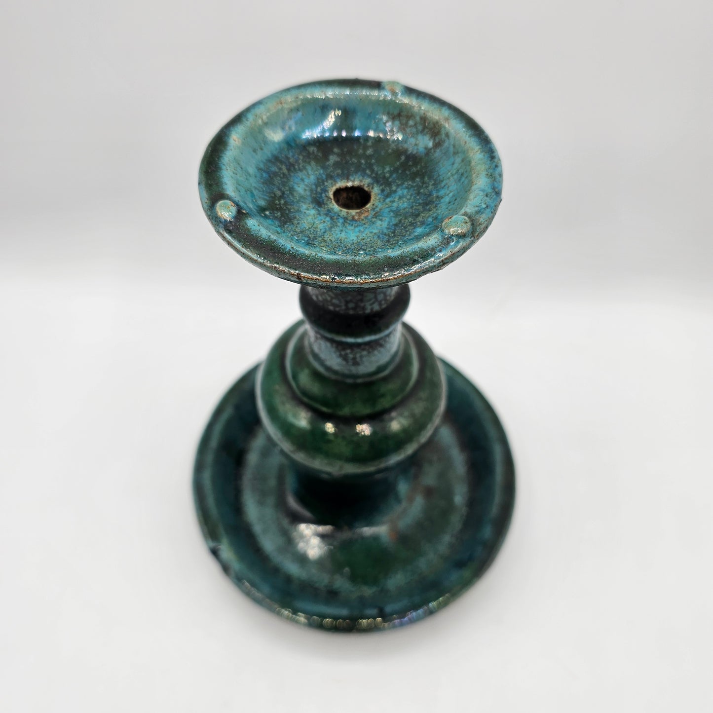 Vintage Green Glazed Stoneware Pillar Candlestick with Moat