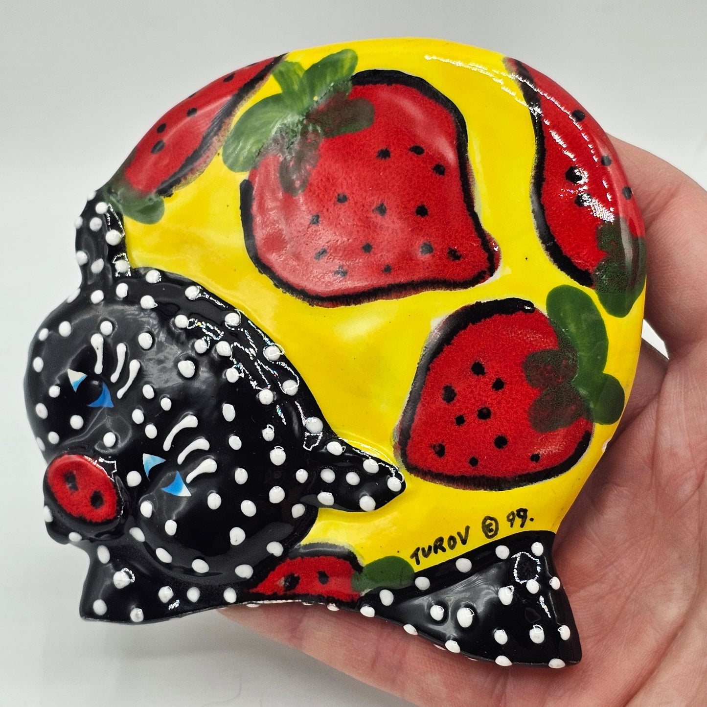 Anatoly Turov Art Ceramic Pig with Strawberries Magnet Limited Edition - San Francisco, California, 1999