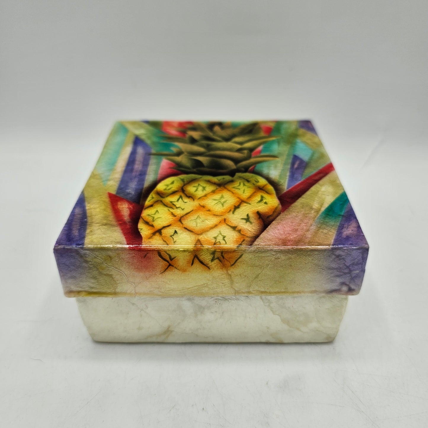 Hand Painted Pineapple Capiz Shell Trinket Box - Made in Philippines