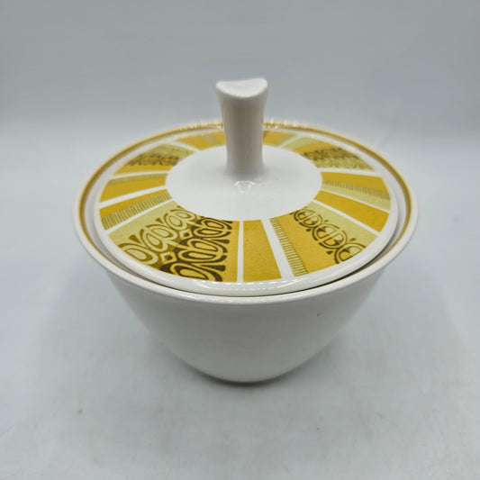 Franciscan Whitestone Ware Antigua Interface Lidded Sugar Bowl Mid Century Modern Mustard Yellow Brown Design