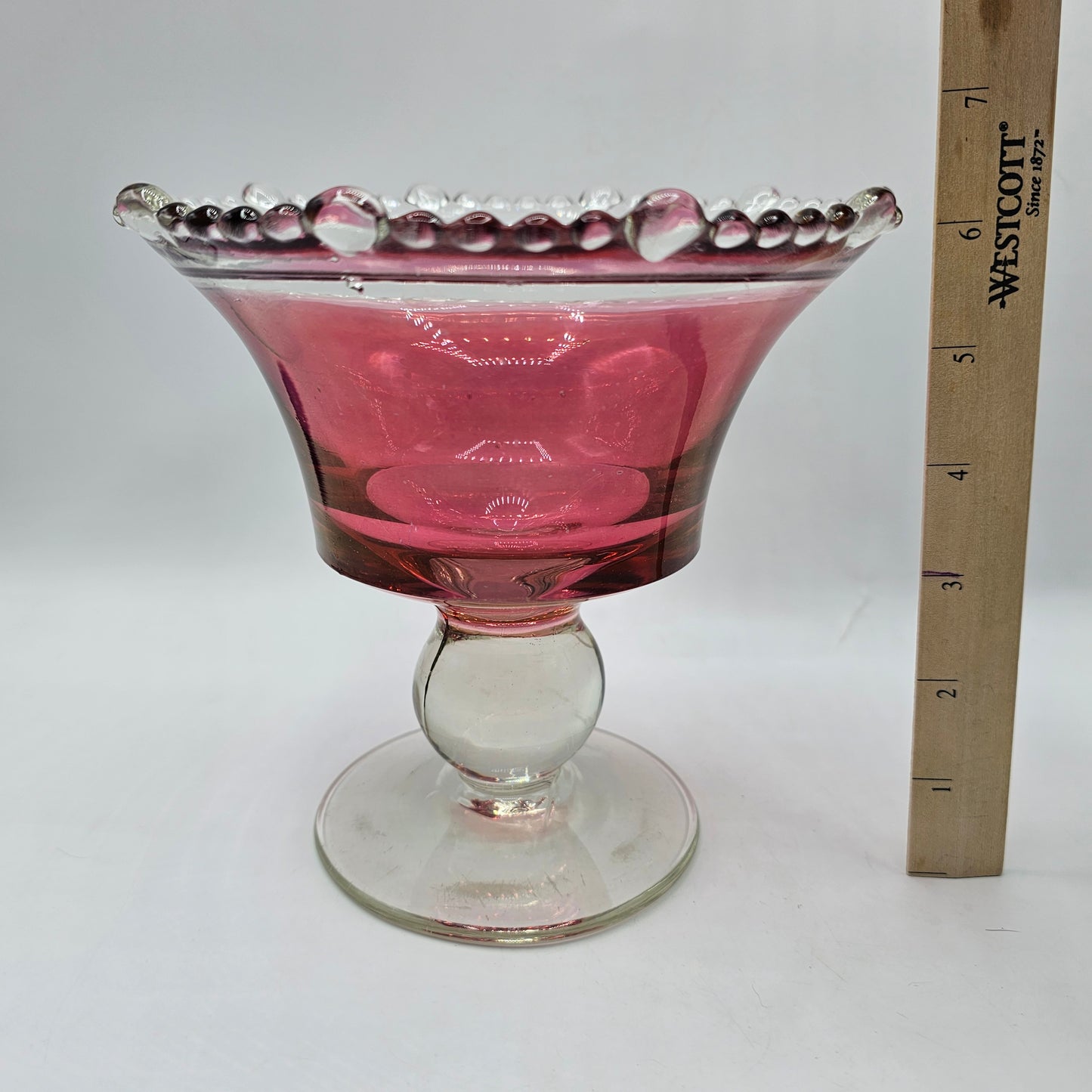 Vintage Cranberry Red Painted Glass Pedestal Candy Bowl with Beaded Rim (some wear to paint)