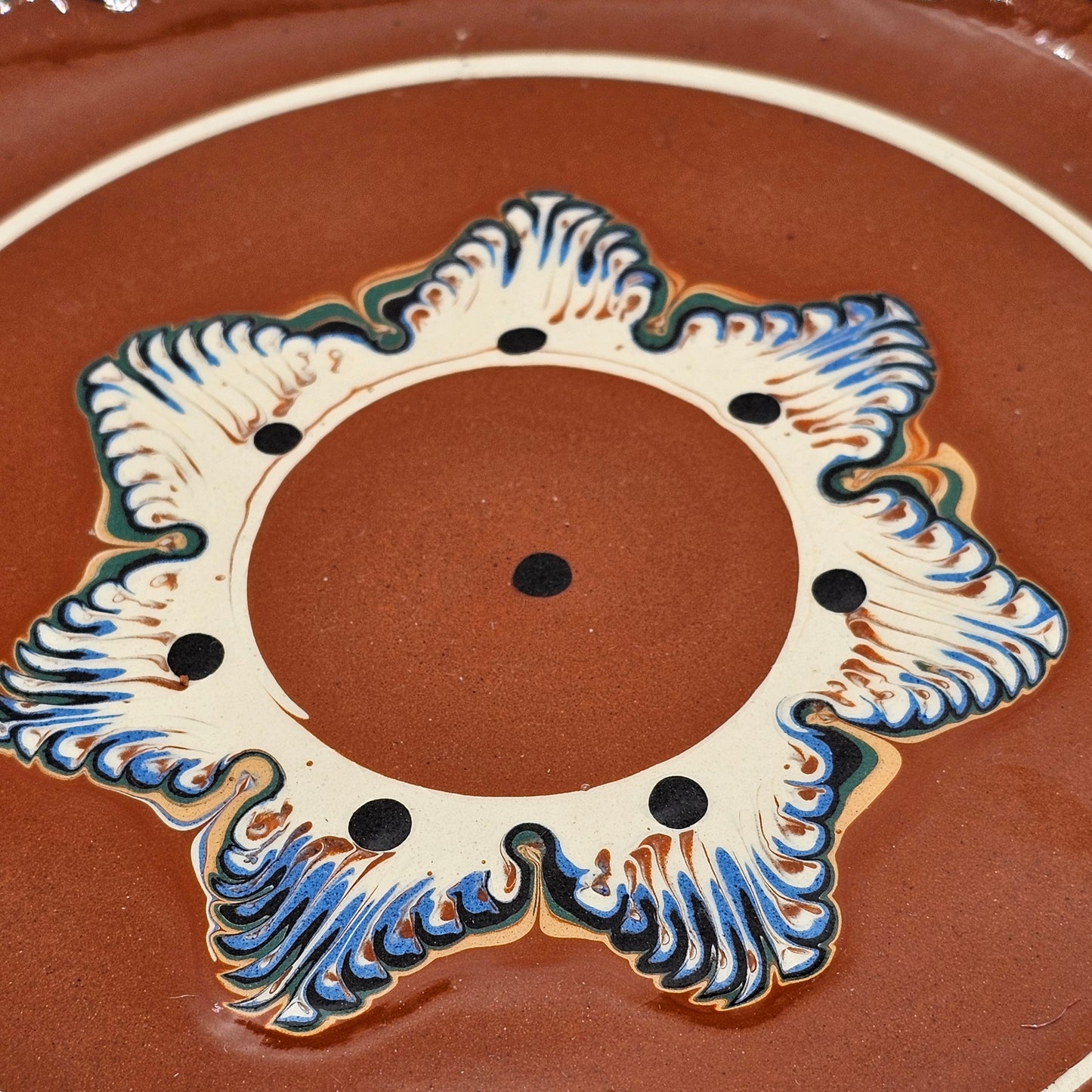 Bulgarian Troyan Pottery Plates, Handcrafted from Drip Glazed Terracotta Redware with a Feather Pulled Slip Design - Set of 4