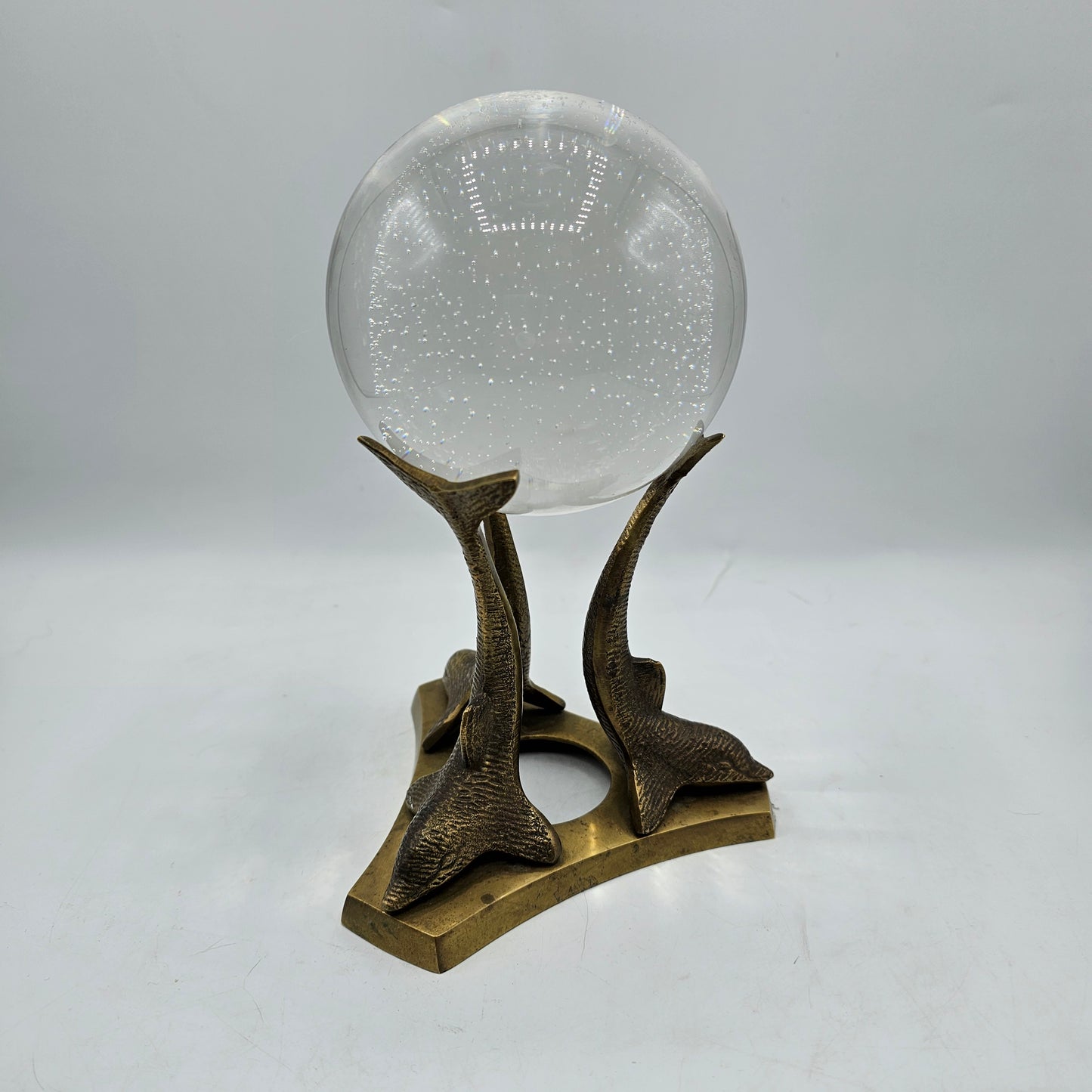 Vintage Glass Crystal Ball Orb on Solid Brass Dolphins Stand - Made in San Francisco, USA