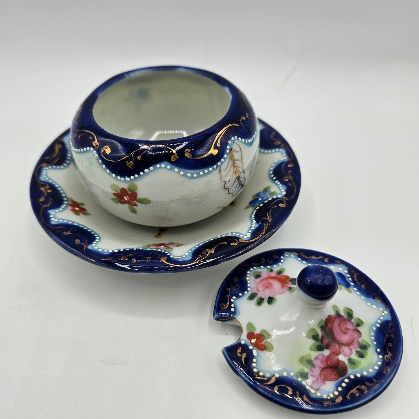 Vintage Japanese Moriage Lidded Jelly Bowl with attached Saucer