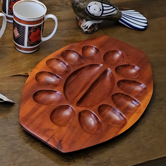 Vintage Carved Mahogany Wood Deviled Egg and Olive Serving Dish - Made in Haiti