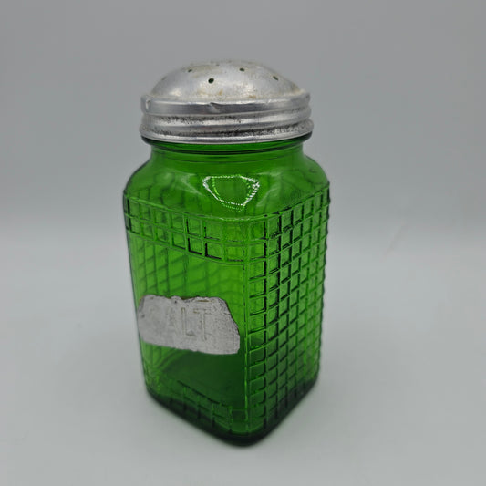 Vintage Owens Illinois Green Glass Waffle Pattern Salt Shaker (Damage to top)