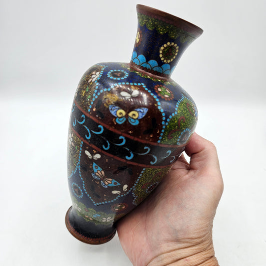 Vintage Champleve (Cloisonne) Enamelled Japanese / Asian Bud Vase with Flowers and Butterflies