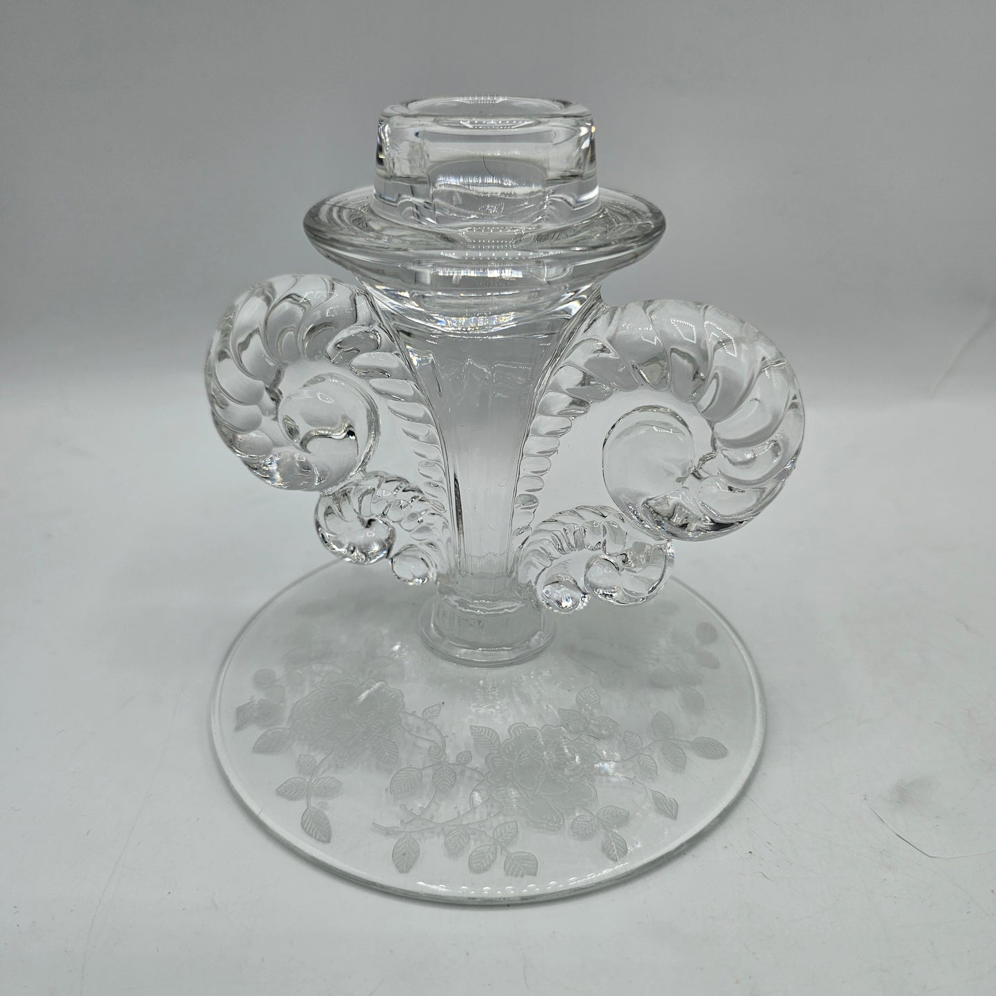 Vintage Fostoria Glass Taper Candlestick Candle Holder with Etched Roses - 4.5" tall for 1" Taper Candle