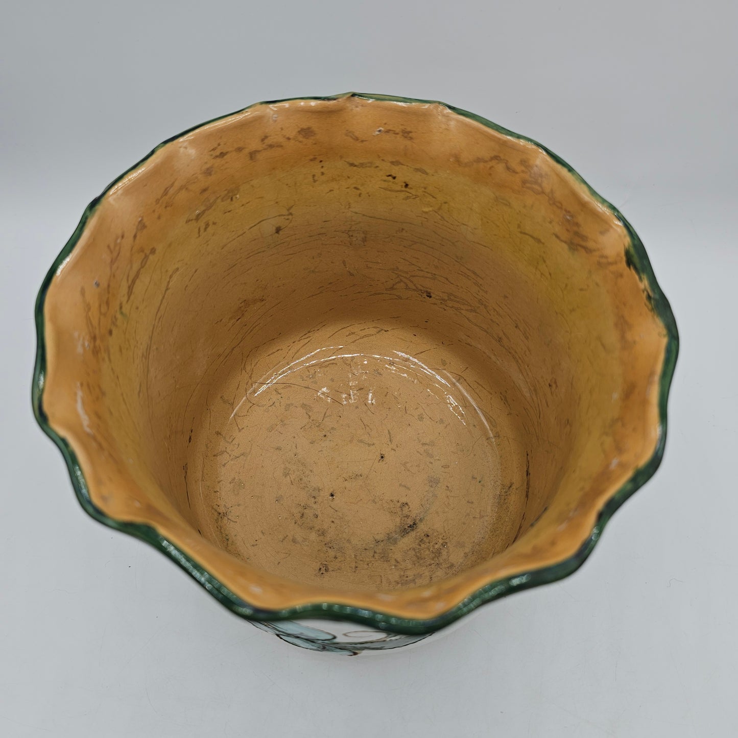 Italian Hand Painted Majolica Style Ceramic Floral Planter with Sgraffito Detail