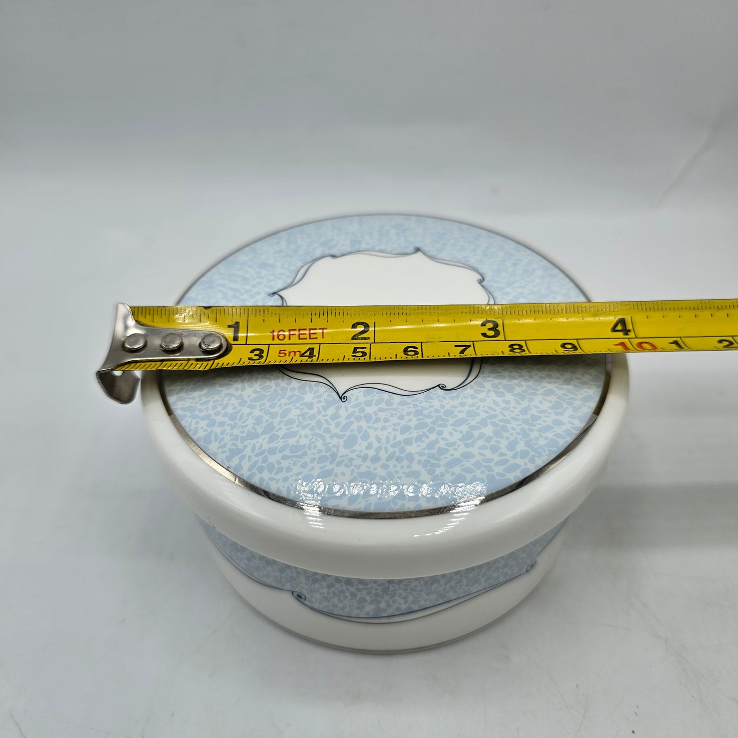 Wedgewood Venice Bone China Round Trinket Box in Pale Blue with Silver Scrolls