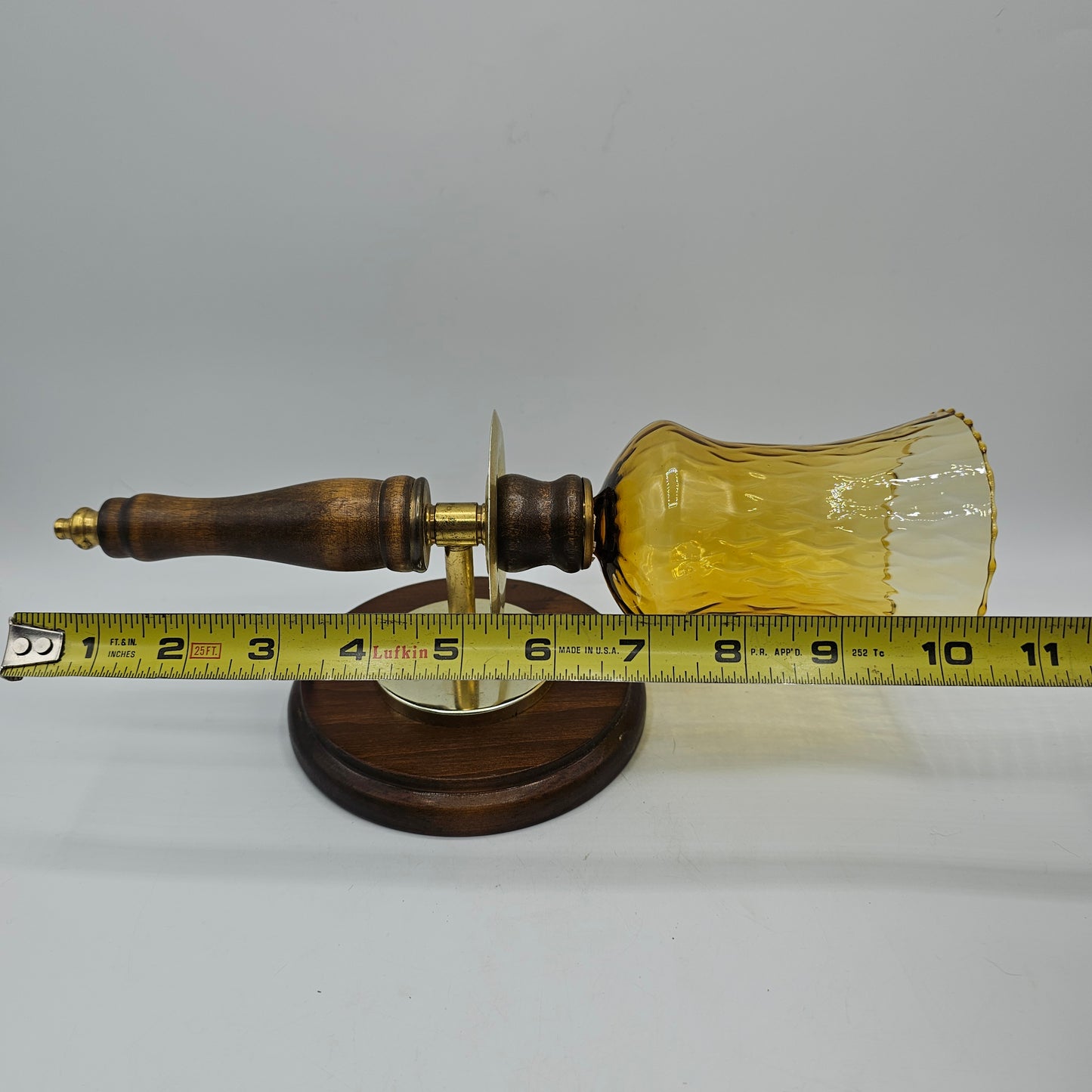 Vintage Brass and Wood Wall Candle Sconce with Amber Glass Peg Shade