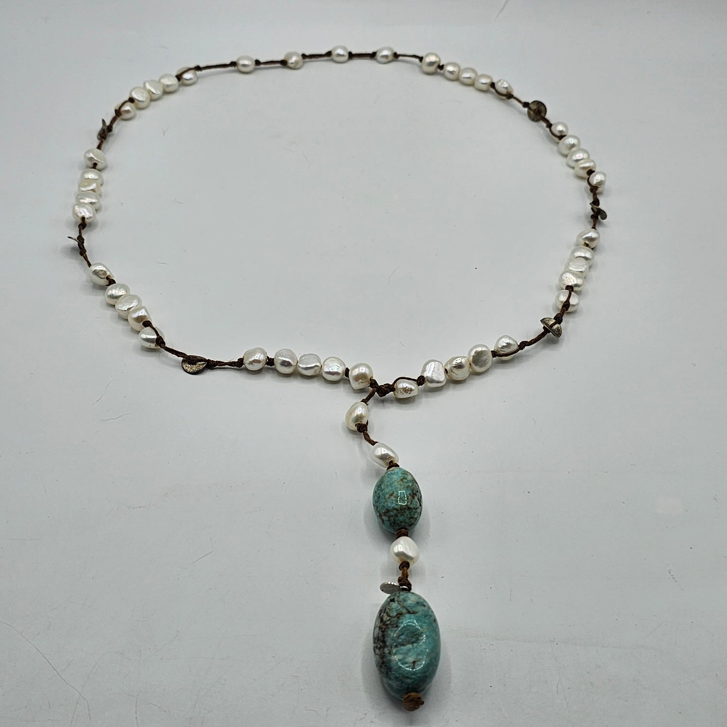 Vintage In2 Artisan Jewelry Scandanavian Design Hand Knotted Freshwater Pearl, Amazonite and Silver Drop Necklace