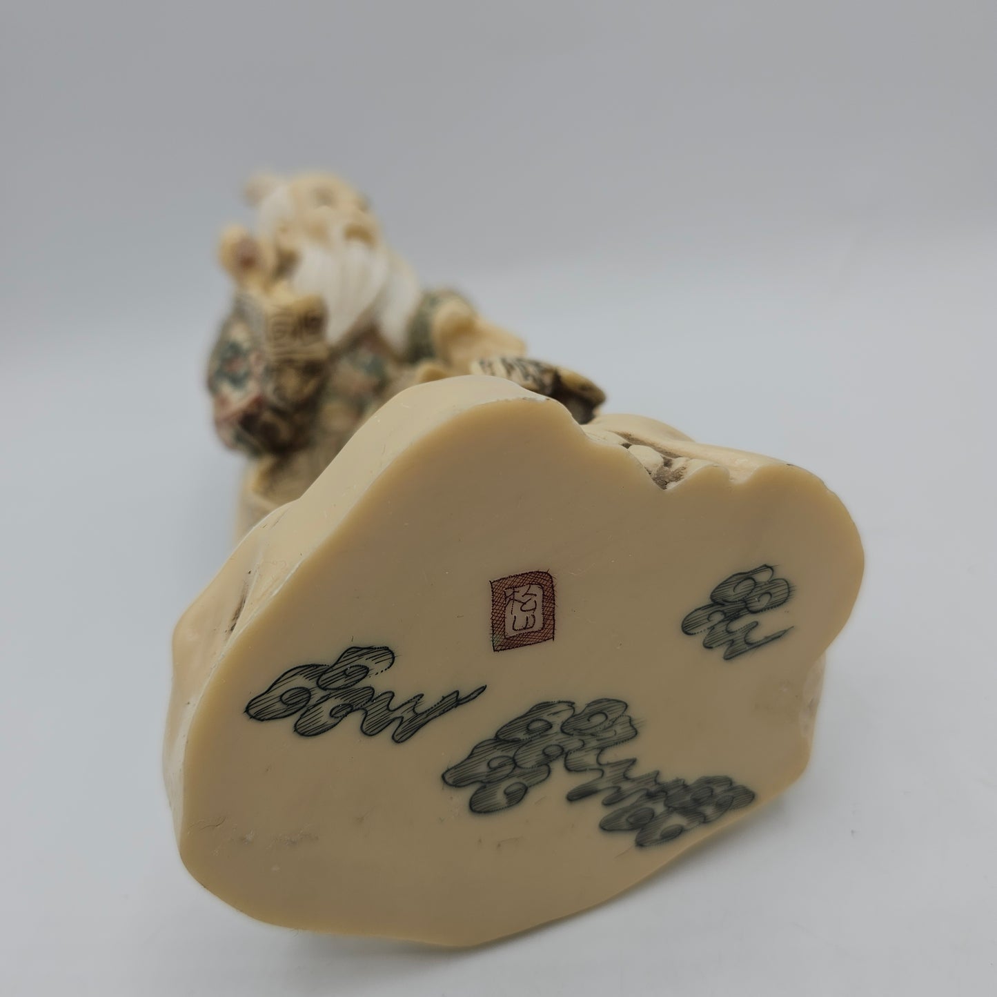Old Asian Fisherman Figurine Resin with Scrimshaw Design
