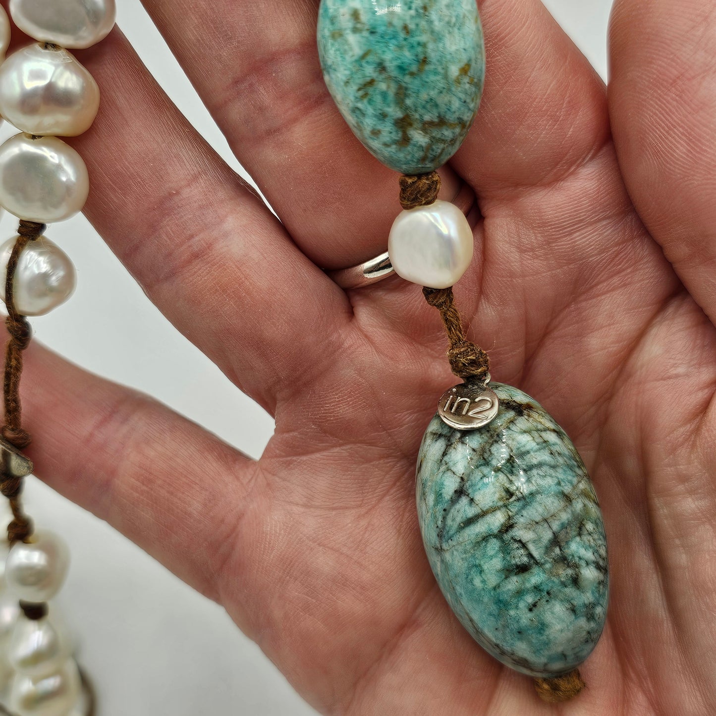 Vintage In2 Artisan Jewelry Scandanavian Design Hand Knotted Freshwater Pearl, Amazonite and Silver Drop Necklace