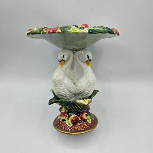 Fitz and Floyd Swan Pedestal Stand - Hand Painted Ceramic