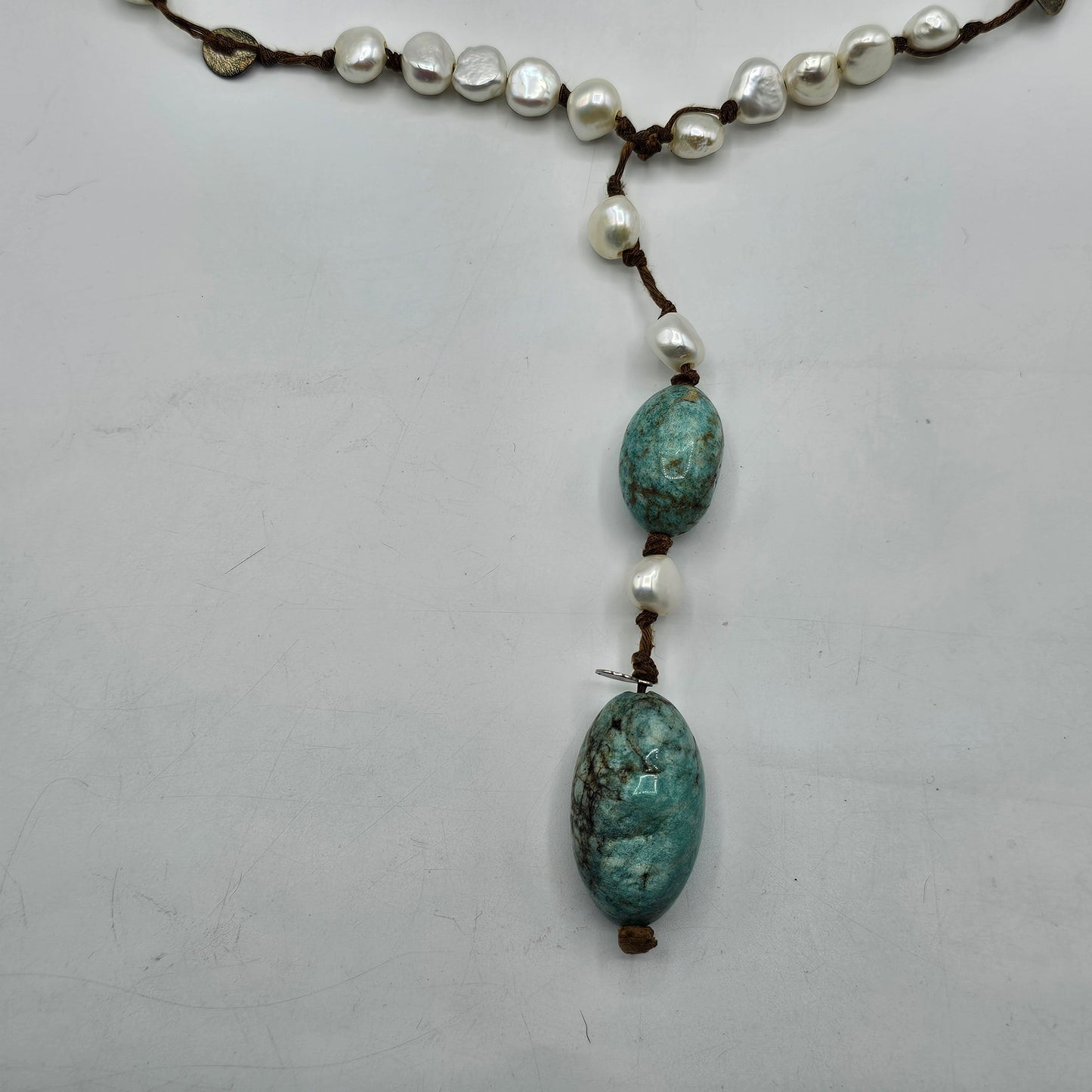 Vintage In2 Artisan Jewelry Scandanavian Design Hand Knotted Freshwater Pearl, Amazonite and Silver Drop Necklace