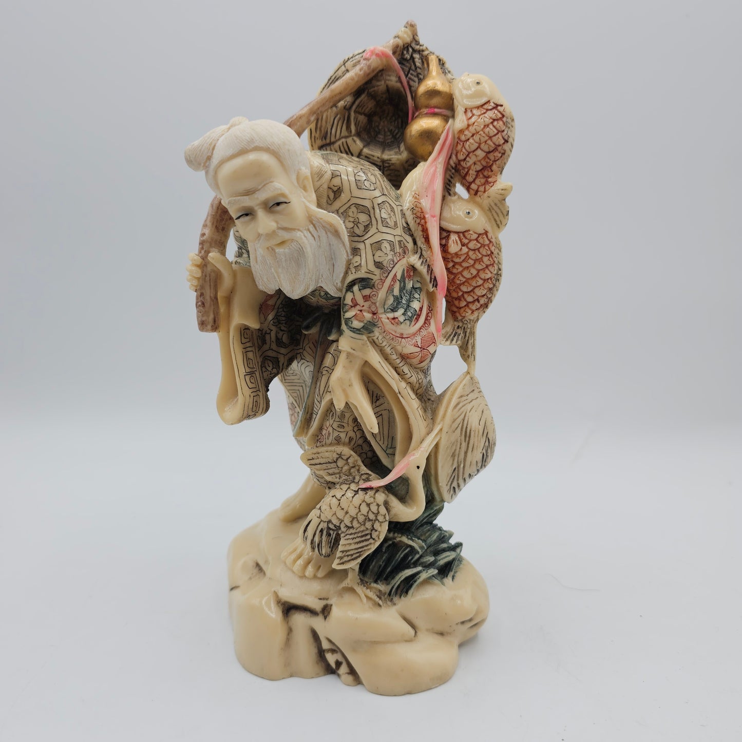 Old Asian Fisherman Figurine Resin with Scrimshaw Design