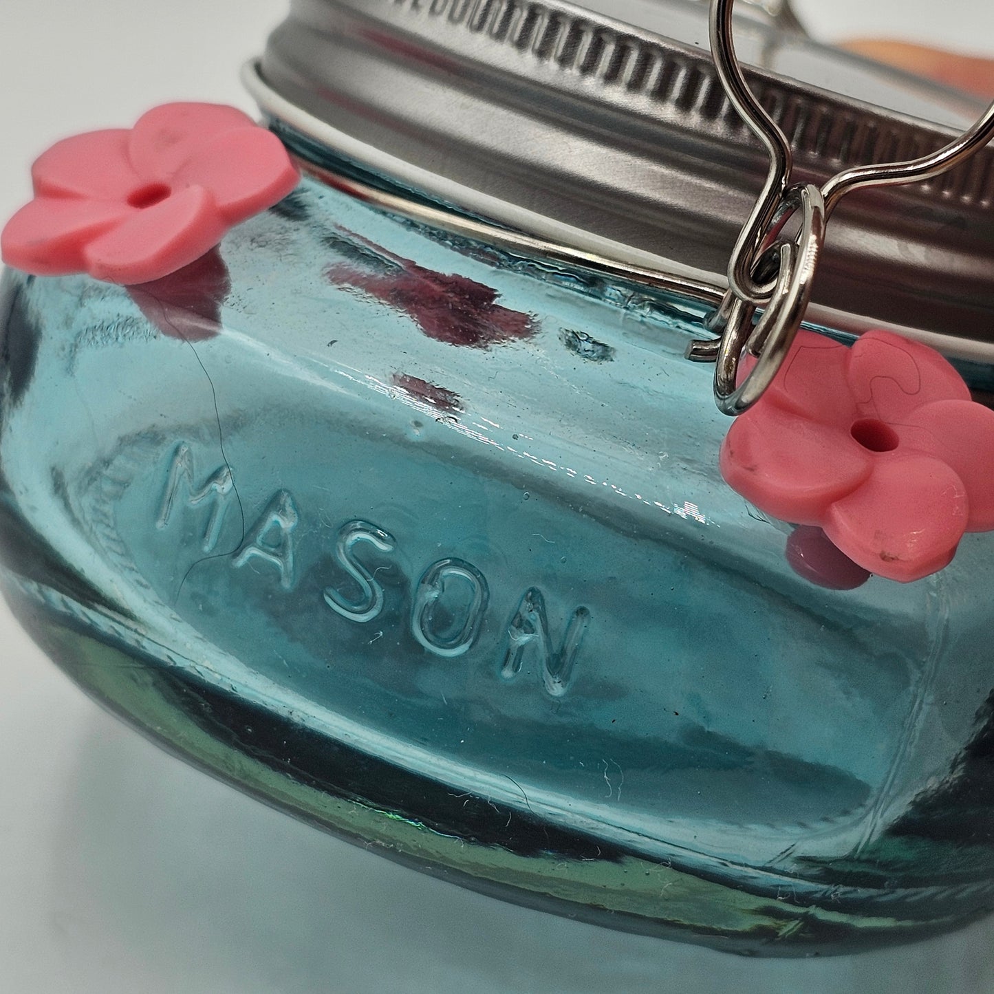 Mini Blue Glass Mason Jar Hummingbird Feeder