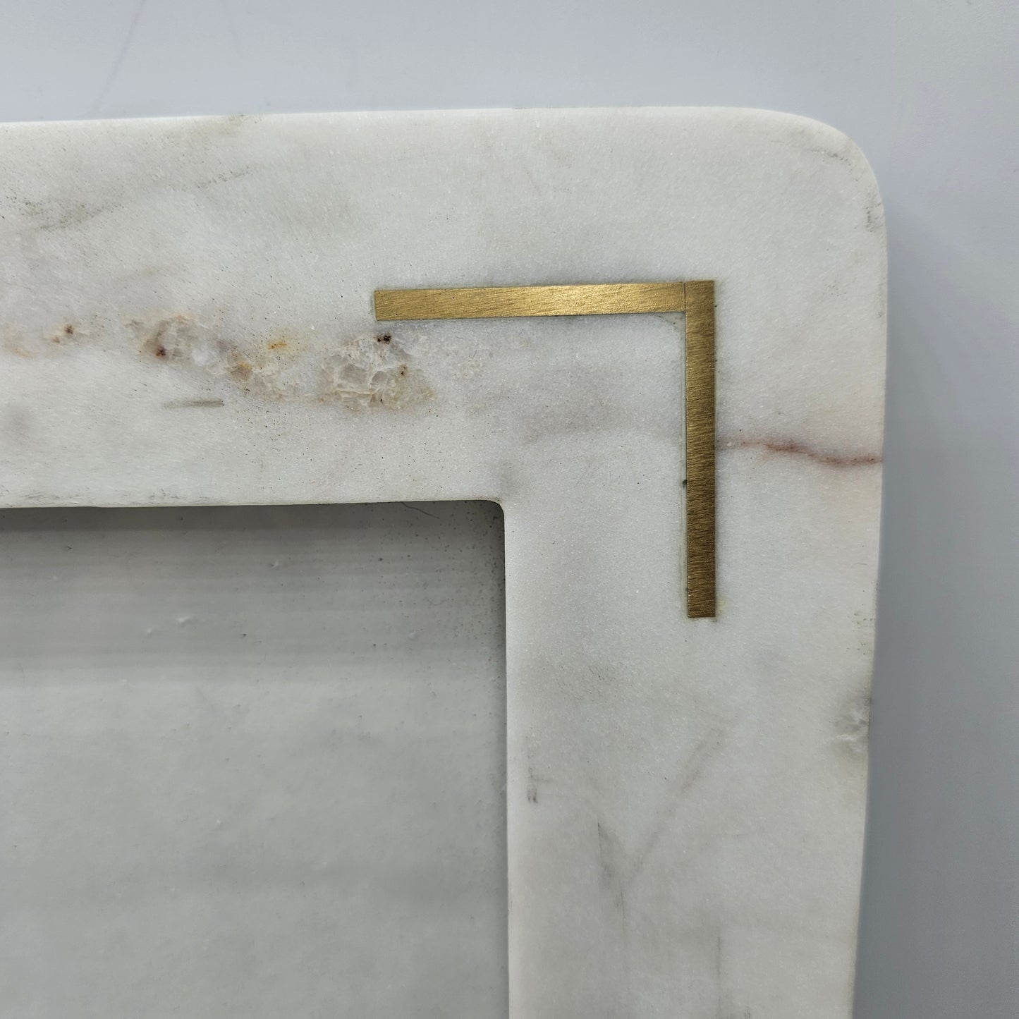 Crate and Barrel 8x10 White Marble Desk Standing Picture Frame with Brass Inlay Corners